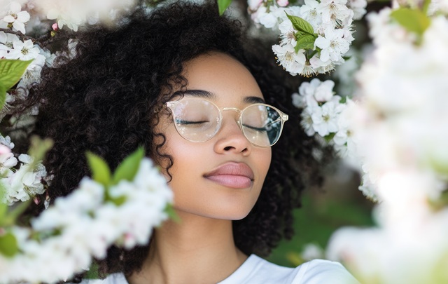 eyewear frames collection fashion, beautiful diverse woman wearing glasses in spring blooming park optics salon poster